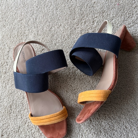 Donald Pliner Colorblock Block Sandals Navy Mustard Suede Slingback Heel size 9 - Picture 6 of 10